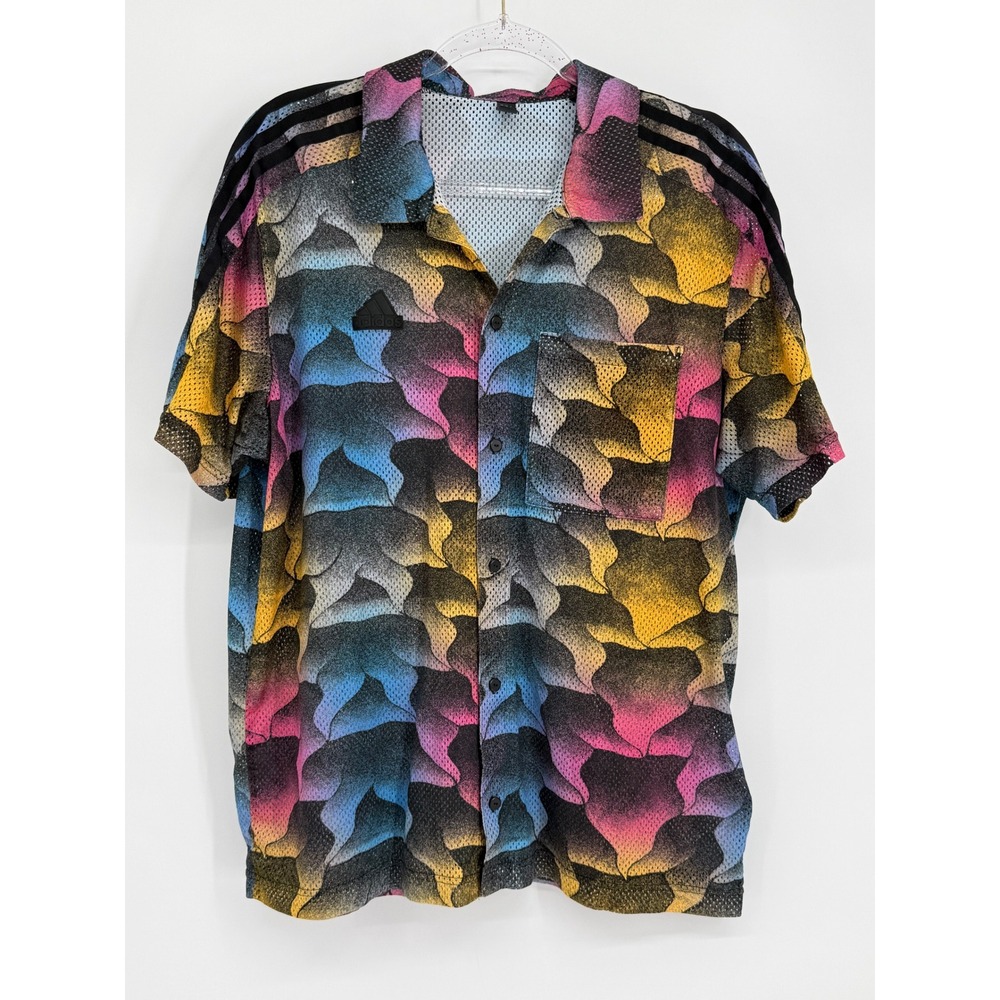 Adidas Mens Mesh Button Up Shirt Abstract Camo Multi Color Short Sleeve Sz L